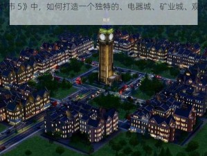 在《模拟城市 5》中，如何打造一个独特的、电器城、矿业城、观光乐园和太空中心