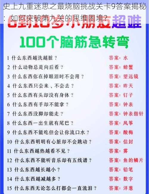 史上九重迷思之最烧脑挑战关卡9答案揭秘：如何突破第九关的思维困境？