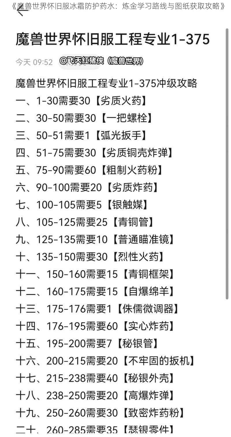 《魔兽世界怀旧服冰霜防护药水：炼金学习路线与图纸获取攻略》