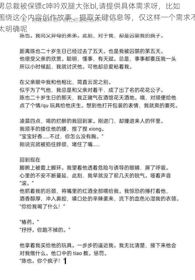 男总裁被保镖c呻吟双腿大张bl,请提供具体需求呀，比如围绕这个内容创作故事、提取关键信息等，仅这样一个需求不太明确呢