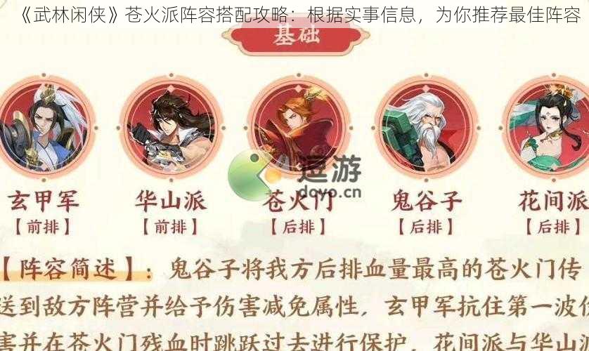 《武林闲侠》苍火派阵容搭配攻略：根据实事信息，为你推荐最佳阵容