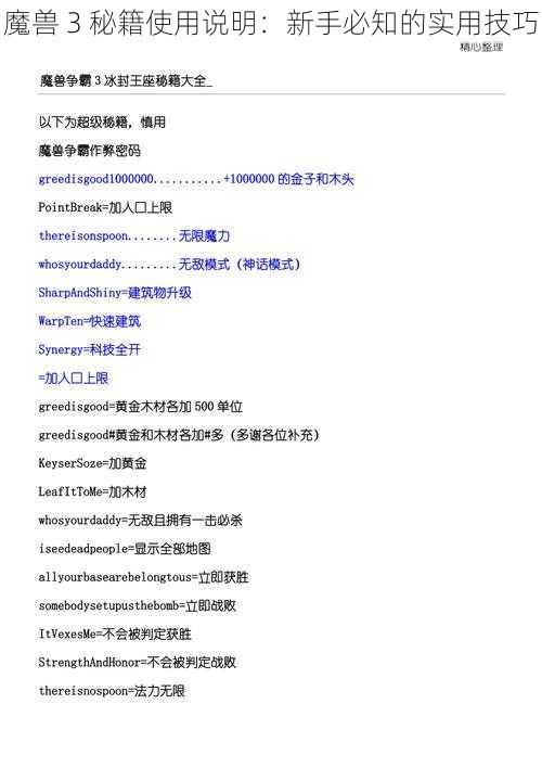 魔兽 3 秘籍使用说明：新手必知的实用技巧